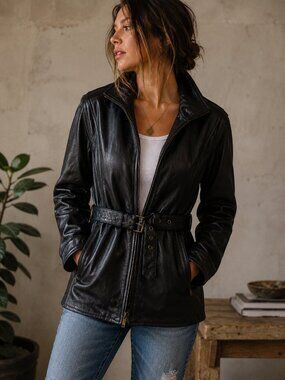 Black Hills Genuine Leather Belted Motorcycle Jacket Womens Large